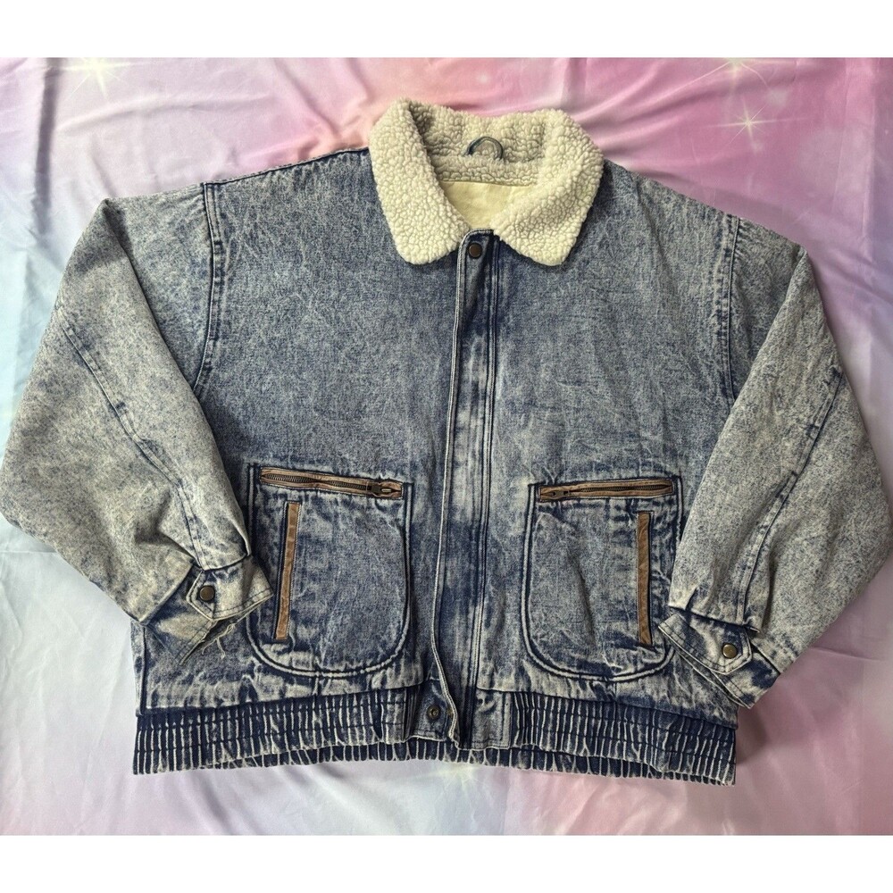 Vintage Acid Wash Blue Jean Denim / Sherpa Pile Rancher Jacket Coat Men’s